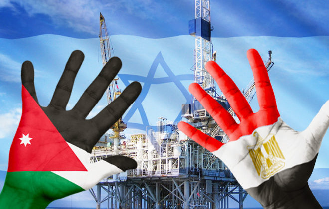 ידיים צבועות בדגלים של ירדן ומצרים על רקע אסדת גז עם דגל ישראל